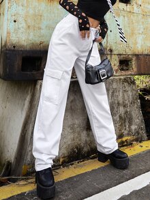 ROMWE PUNK 腰部抽繩翻蓋口袋工裝牛仔褲 - 白色 - 查看 4