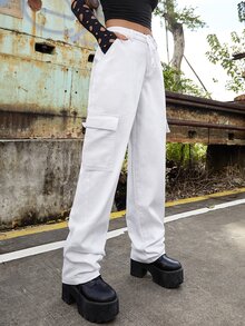 ROMWE PUNK 腰部抽繩翻蓋口袋工裝牛仔褲 - 白色 - 查看 6