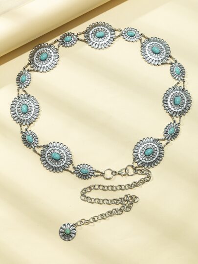 1pc Women Bohemia Turquoise & Flower Decor Chain Belt For Dress Decoration Boho Halloween Summer, School Fall, Autumn, Halloween