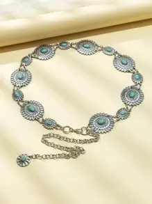 1件女士波西米亚风绿松石花朵装饰链条腰带，适合连衣裙装饰，波西米亚风，万圣节、夏季、秋季、学校、万圣节 - 銀色 - 查看 2