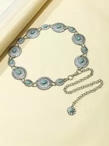 1件女士波西米亚风绿松石花朵装饰链条腰带，适合连衣裙装饰，波西米亚风，万圣节、夏季、秋季、学校、万圣节 - 銀色 - 查看 3