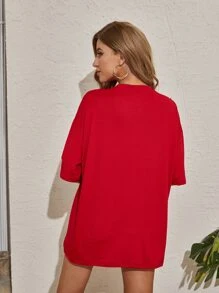SHEIN EZwear Áo thun nữ Lá thư Giải trí - Đỏ - Xem 2