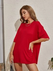 SHEIN EZwear 大碼素色落肩T恤 - 酒紅色 - 查看 5