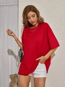 SHEIN EZwear 大碼素色落肩T恤 - 酒紅色 - 查看 6