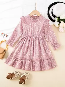 SHEIN 小女童碎花荷葉袖荷葉邊洋裝