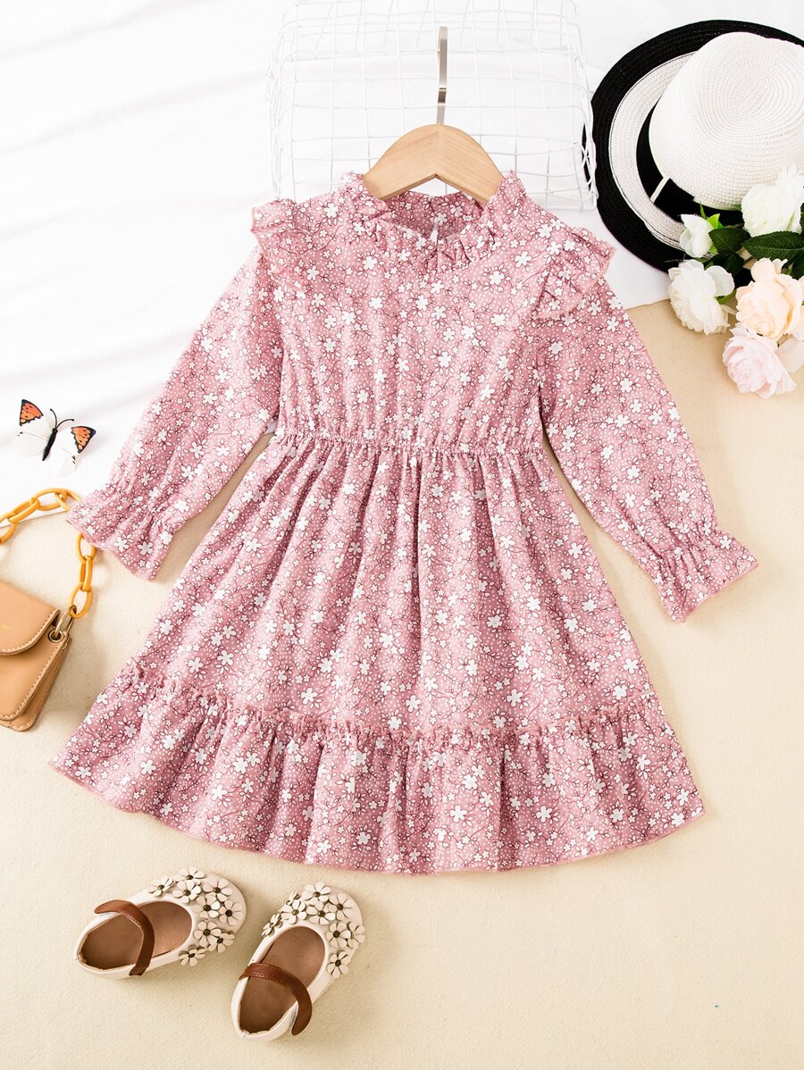 SHEIN 小女童碎花荷葉袖荷葉邊洋裝