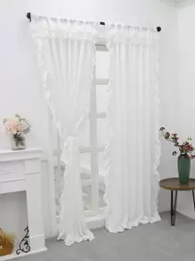 1 pieza Cortina de terciopelo semitransparente con borde de volantes, cortina ligera y suave de unicolor semiopacos de lujo nórdica con borde de volantes, adecuada para sala de estar, dormitorio, fiesta, decoración del hogar en días festivos - Blanco - Ver 7