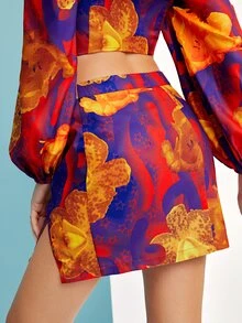 FLO PONCE PRINTS 高腰下擺開叉花卉圖案和星星印花半身裙 - 彩色 - 查看 2