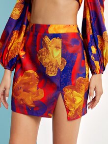 FLO PONCE PRINTS 高腰下擺開叉花卉圖案和星星印花半身裙 - 彩色 - 查看 3