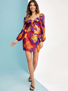 FLO PONCE PRINTS 高腰下擺開叉花卉圖案和星星印花半身裙 - 彩色 - 查看 4