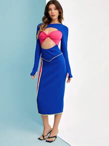 PAMELA Vestido ajustado de color combinado con abertura girante delantero - Multicolor - Ver 3