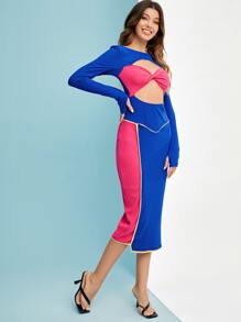 PAMELA Vestido ajustado de color combinado con abertura girante delantero - Multicolor - Ver 5