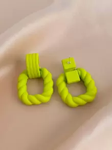 Andkiss Solid Twist Geometric Drop Earrings - Green - View 2