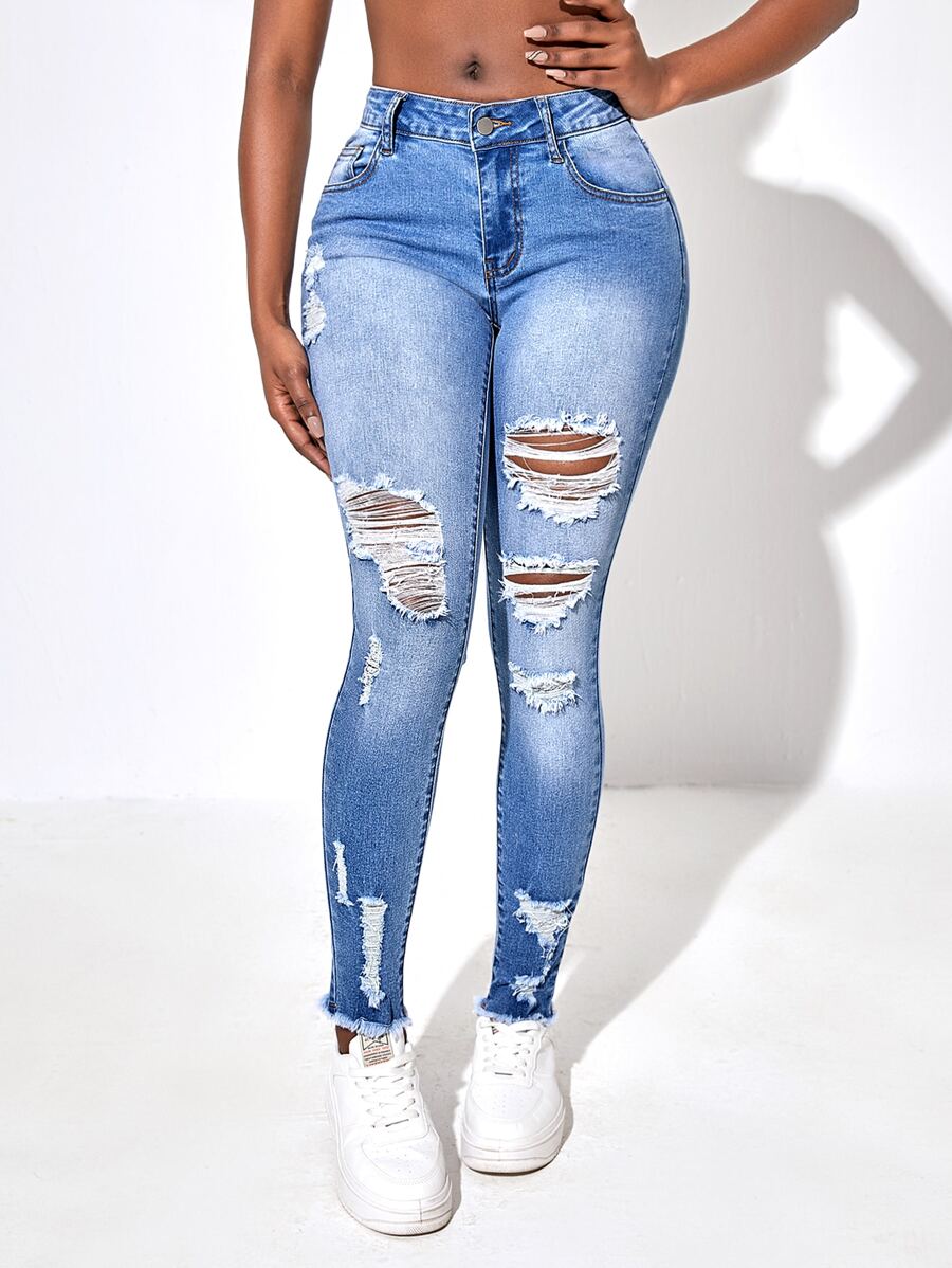 SHEIN SXY Ripped Raw Cut Skinny Jeans - Light Wash - View 1