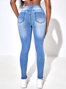SHEIN SXY Ripped Raw Cut Skinny Jeans - Light Wash - View 2