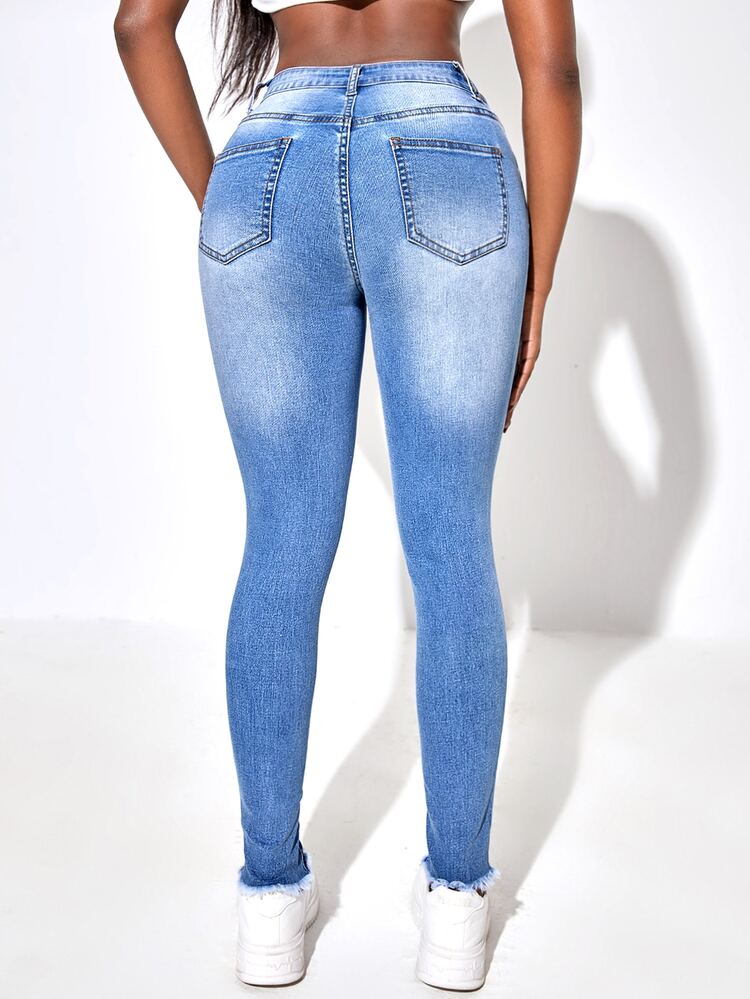 SHEIN SXY 破洞毛邊緣緊身牛仔褲 - 淺色水洗藍 - 查看 2