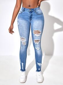 SHEIN SXY Ripped Raw Cut Skinny Jeans - Light Wash - View 4