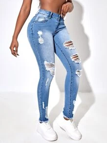 SHEIN SXY Ripped Raw Cut Skinny Jeans - Light Wash - View 5