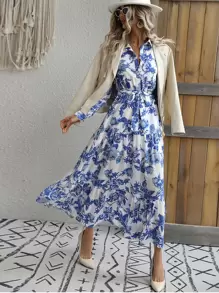 Breezaya 印花多層下擺繫腰帶連衣裙 - 白色 - 查看 3