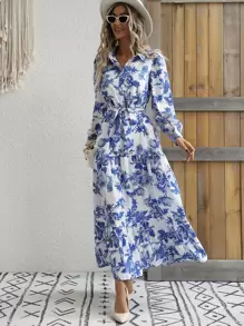 Breezaya 印花多層下擺繫腰帶連衣裙 - 白色 - 查看 4