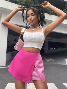 Two Tone Asymmetrical Hem Skort - Pink - View 5