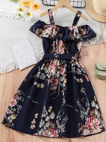 Girls Floral Print Cold Shoulder Belted Dress - Royal Blue - View 2