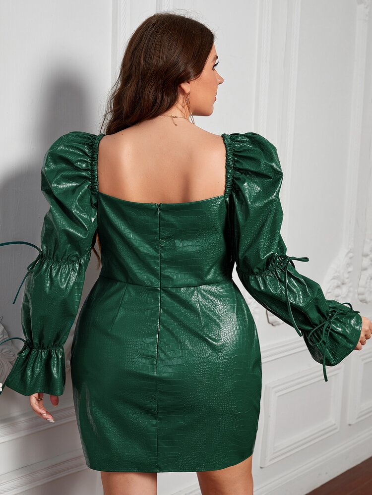 SUNNI NICHOLE DESIGNS Hơn Dập nổi cá sấu chất liệu da PU Cắt ra tay áo lá sen Đầm - Màu xanh lá cây đậm - Xem 2