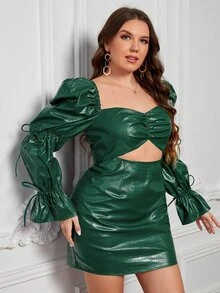 SUNNI NICHOLE DESIGNS Hơn Dập nổi cá sấu chất liệu da PU Cắt ra tay áo lá sen Đầm - Màu xanh lá cây đậm - Xem 3