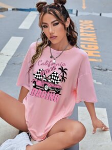 SHEIN EZwear Áo thun nữ Ô tô/xe hơi Lá thư Giải trí - Hồng - Xem 1