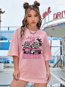 SHEIN EZwear Áo thun nữ Ô tô/xe hơi Lá thư Giải trí - Hồng - Xem 3