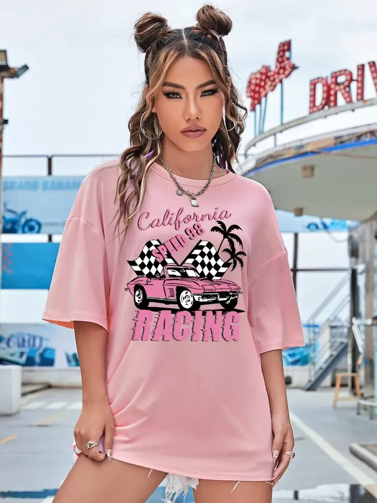 SHEIN EZwear T-shirt oversize voiture et lettre - Rose bonbon - Voir 3