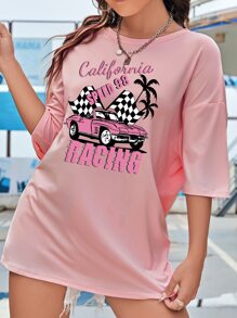 SHEIN EZwear Áo thun nữ Ô tô/xe hơi Lá thư Giải trí - Hồng - Xem 4