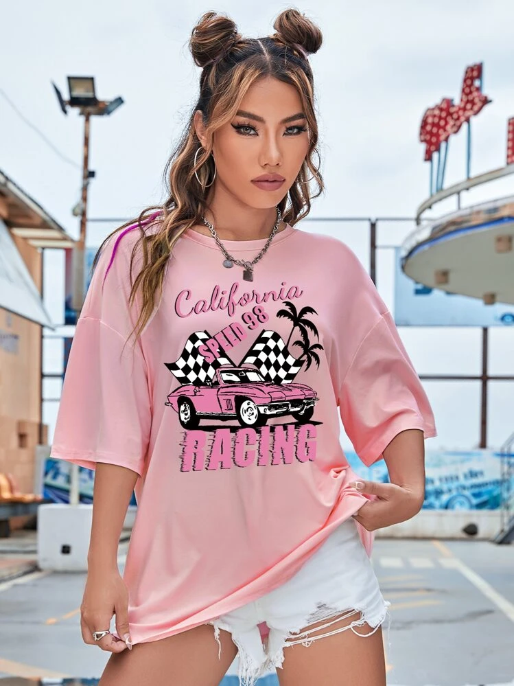 SHEIN EZwear T-shirt oversize voiture et lettre - Rose bonbon - Voir 5