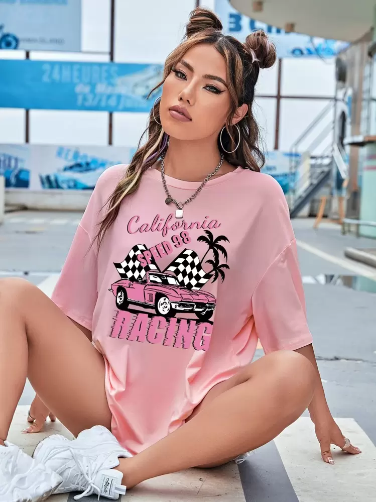 SHEIN EZwear T-shirt oversize voiture et lettre - Rose bonbon - Voir 6