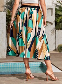 SHEIN Clasi 大碼條紋和幾何圖案半身裙 - 綠色 - 查看 2