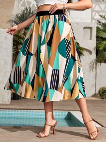 SHEIN Clasi 大碼條紋和幾何圖案半身裙 - 綠色 - 查看 3