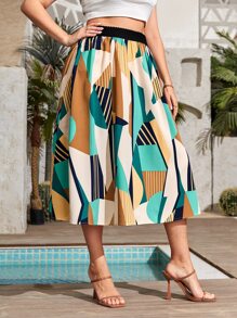 SHEIN Clasi 大碼條紋和幾何圖案半身裙 - 綠色 - 查看 5