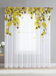 1pc Small Yellow Flower Print Sheer Window Curtain - Multicolor - View 1