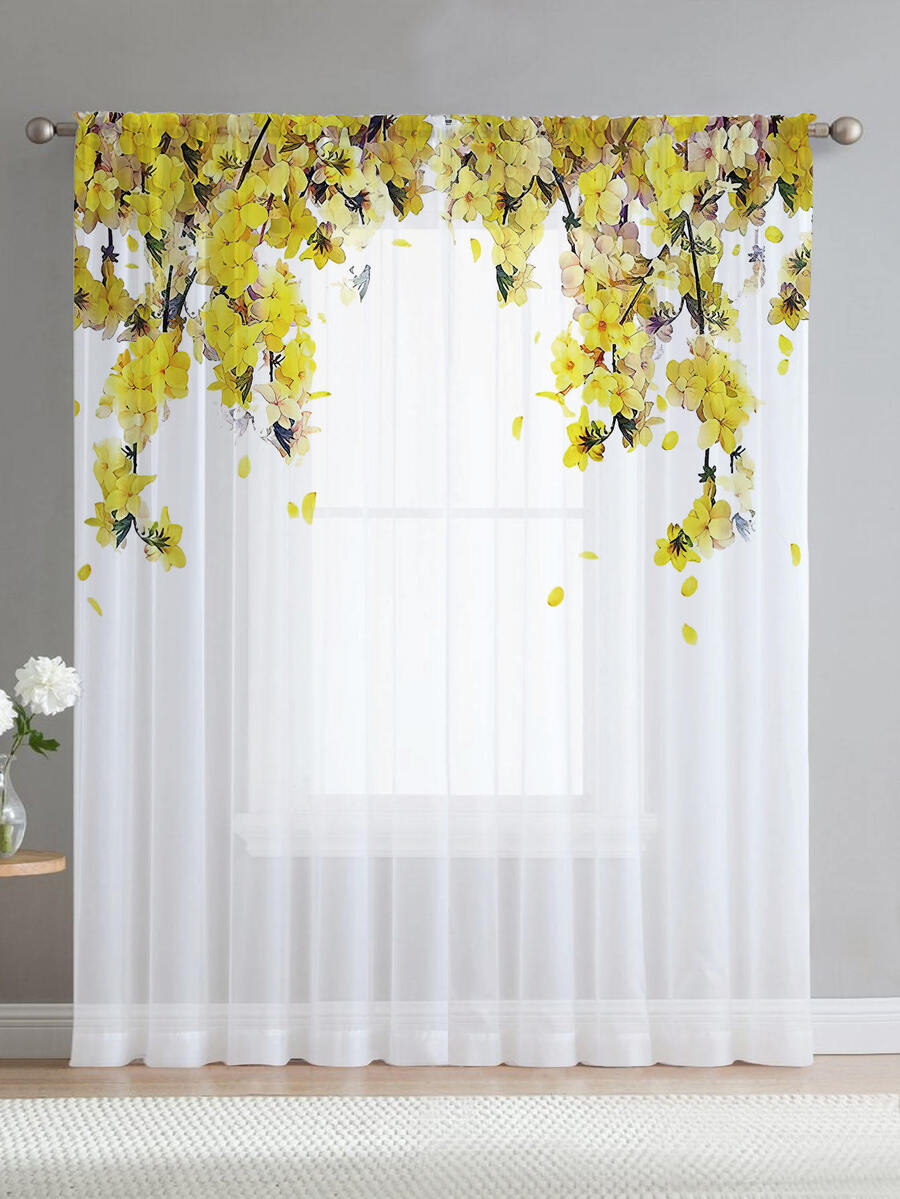 1pc Small Yellow Flower Print Sheer Window Curtain - Multicolor - View 1