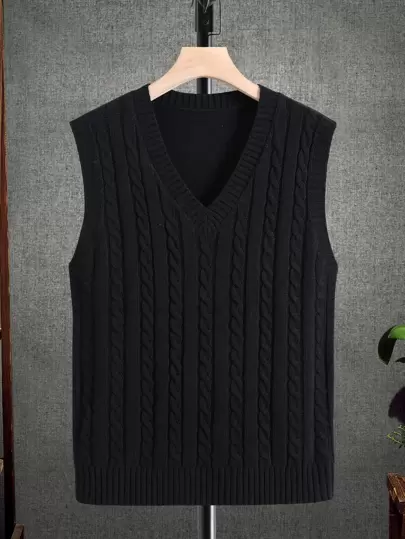 Manfinity Homme Men's Plus Size Solid Color Sweater Vest, Sleeveless, Friends, Fashion, Plain, Prom, For Fall Winter