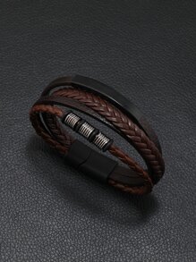 Những người đàn ông thời trang và phổ biến Vòng đeo tay nhiều lớp chi tiết bện PU để làm quà tặng trang sức và cho một vẻ ngoài sành điệu - màu nâu - Xem 1