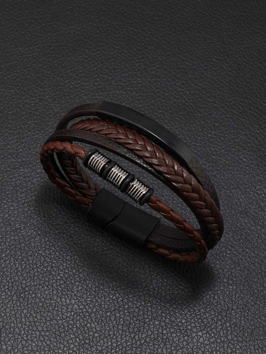 Những người đàn ông thời trang và phổ biến Vòng đeo tay nhiều lớp chi tiết bện PU để làm quà tặng trang sức và cho một vẻ ngoài sành điệu - màu nâu - Xem 1