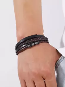 Những người đàn ông thời trang và phổ biến Vòng đeo tay nhiều lớp chi tiết bện PU để làm quà tặng trang sức và cho một vẻ ngoài sành điệu - màu nâu - Xem 2