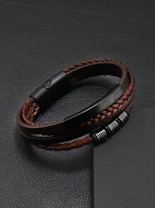 Những người đàn ông thời trang và phổ biến Vòng đeo tay nhiều lớp chi tiết bện PU để làm quà tặng trang sức và cho một vẻ ngoài sành điệu - màu nâu - Xem 5