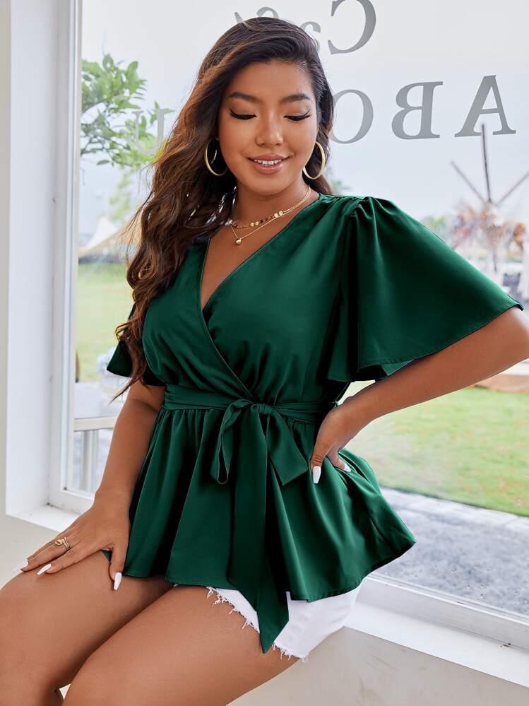 Celure Plus Butterfly Sleeve Peplum Belted Blouse Peplum Top - Dark Green - View 4