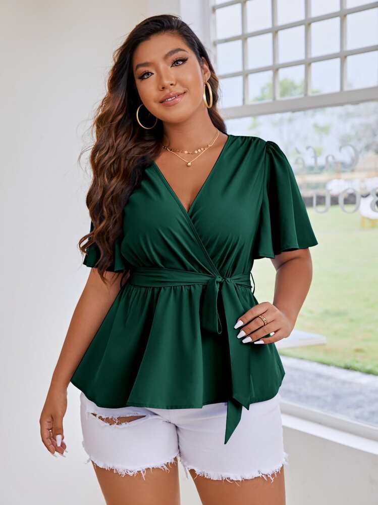 Celure Plus Butterfly Sleeve Peplum Belted Blouse Peplum Top - Dark Green - View 6