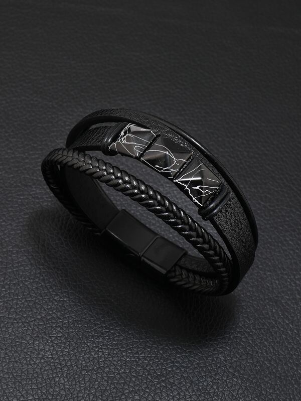 Men Square Decor Layered Bracelet