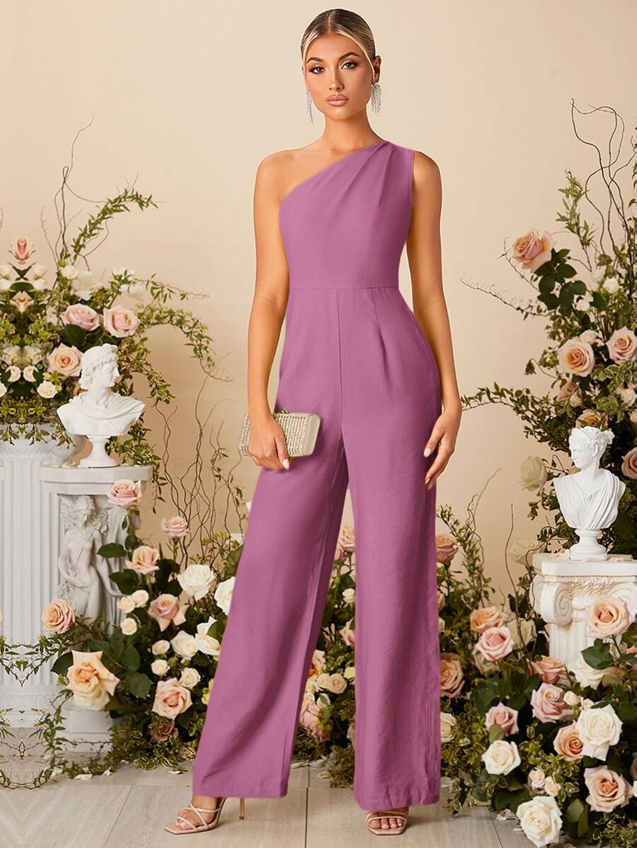 SHEIN Belle One Shoulder Wide Leg Jumpsuit - Purple - View 1
