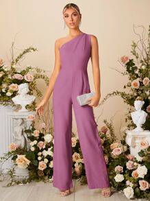SHEIN Belle One Shoulder Wide Leg Jumpsuit - Purple - View 3