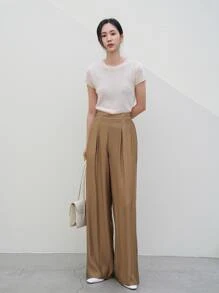 DAZY Solid Wide Leg Trousers - Khaki - View 4